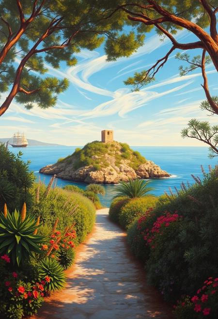 Landscape oil painting featuring a narrow, winding path leading towards a rocky coastline. The path is bordered by dense, green foliage and brightly coloured plants on both sides. In the background, there is a small, rocky island with a solitary, square-shaped stone bell tower on top, surrounded by the calm sea. In the distance a sailing ship. The sky is blue with cirrus clouds, and the scene is framed by the branches of trees arching over the path, adding a natural canopy effect. The overall atmosphere is serene and slightly secluded, with a focus on the natural beauty of the coastal environment.