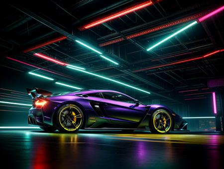 cyberpunk supercar, in cyberpunk city photoshoot, running at high speed, glowing lights, speed sensation, well framed at middle range, neon colored luxury rims, extreme detail, illegal race car, extreme photorealistic, 3D, 8k, Hyper detailed car, perfect soft lighting, great lighting, car photography, fisheye lens, raining, reflection, octane render, high quality, <lora:more_details:.6> <lora:wowifierV3:.6>