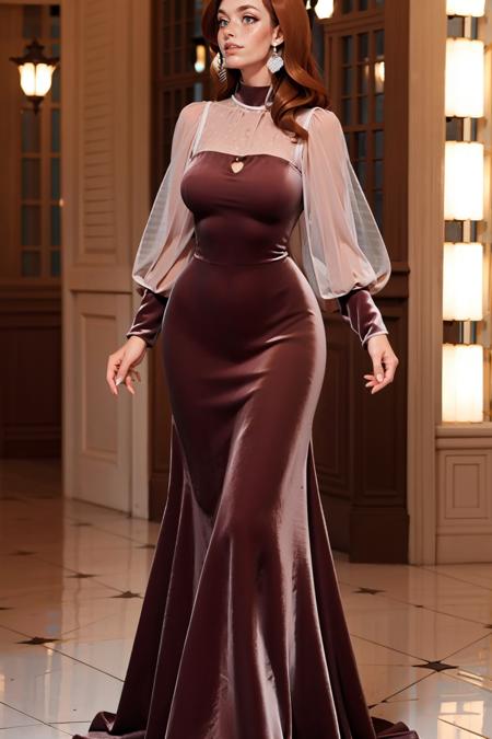 mar00nv3lv3t, long sleeves, dress, standing, full body, long dress, maroon dress, velvet dress, see-through sleeves,