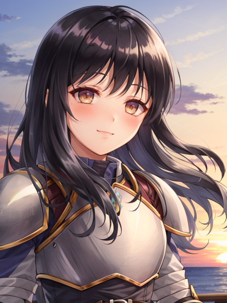 <lora:Astrid_FE-10:0.8>, astrid fe, 1girl, solo, long hair, gloves, belt, pants, fingerless gloves, armor, shoulder armor, pauldrons, breastplate, white pants, sunset, (portrait:1.2), soft smile, blush