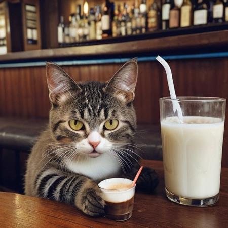 A bored cat sitting at a bar, drinking milk from a straw