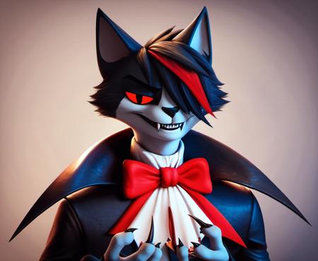 Smokey, red eye, smile, vampire costume,Dracula, Count Dracula,Dracula cat,frill,vitiligo, vitiligo on nose, golden pin, emo cat, boy,male, hair over one eye,streaked hair,red bow