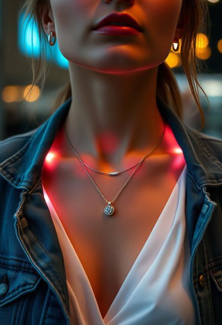 (Casual Chic): casual chic outfit, modern streetwear, subdermal LED jewelry, (internal LED glow:1.6) beneath the skin, (embedded LEDs:1.6) forming a subtle light pattern along the collarbone, soft light radiating from beneath the skin, (natural skin tone:1.5), (denim jacket:1.4), (elegant blouse:1.3), high-definition, soft light glowing through skin as stylish accents, (highly realistic skin texture:1.7), (seamless integration of light and skin:1.5), refined elegance, advanced subdermal technology, smooth light transitions, (glowing contours following body curves:1.5), tech-enhanced beauty, (worn jewelry:-1.7), (visible necklace:-1.7), (unnatural glow:-1.6), (clunky design:-1.5), high-resolution, futuristic but subtle enhancements