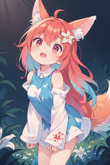 nsfw,{{masterpiece}},{{best quality}},Illustration,portrait,{1 girl},(long white hair,detailed red eyes),multicolored hair,((gradient hair), white+(blue)+(pink:0.5) hair//),{fox ears},{extremely detailed blue eyes},{{arms behind back}},slender figure,{lilies_field},{bare shoulders},{long detached_sleeves},{slightly leaning forward},looking up,hair ornament,{shy},head tilt,{medium breasts},cinematic lighting,oversized clothes,