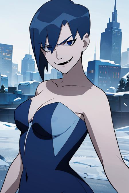 Killer_Frost_JLU 1girl, blue dress, blue hair, beautiful face