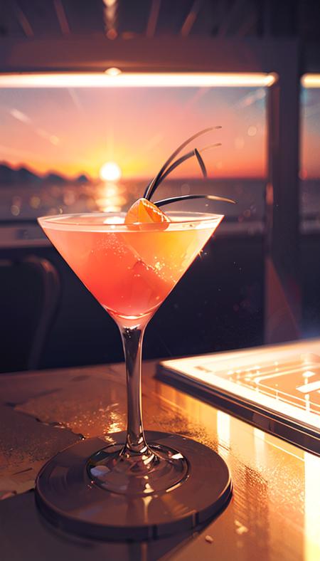 masterpiece, best quality, ultra detail,  cocktailworld, scenery, sunset, blurry background, no humans, 
 <lora:CocktailWorld:1>