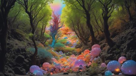 landscape in pearly iridescent colors, <lora:XL_Bio-Luminescence:0.6> bioluminescent, subsurface scattering, Photorealistic, Hyper realistic landscape, analog style, realistic, film photography, soft lighting, heavy shadow, (glowing art:1.2) style of Yoh Nagao, Yanjun Cheng.