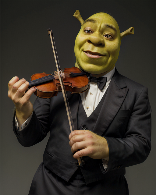 playing violin cinematic portrait of green skin shrek wearing black tuxedo <lora:violin_v15:.65> <lora:ShrekDoguVersion2:.8>