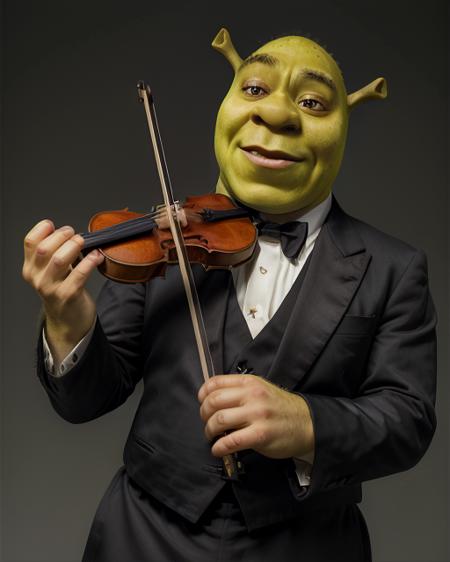 playing violin cinematic portrait of green skin shrek wearing black tuxedo <lora:violin_v15:.65> <lora:ShrekDoguVersion2:.8>