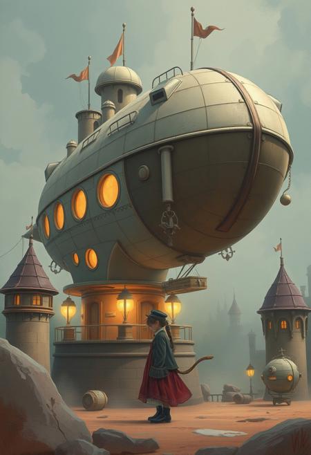 Airship, whimsical fantasy architecture, soft painterly textures, gritty cinematic realism, dreamlike muted color palette, moody atmospheric lighting, delicate hand-drawn details, fashion-forward youthful presence, surreal documentary-style composition, nostalgic and melancholic mood