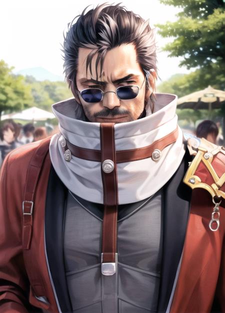 <lora:auron:0.7> AuronFFX, male focus,  solo focus, scarf, tree, facial hair, sunglasses, mustache