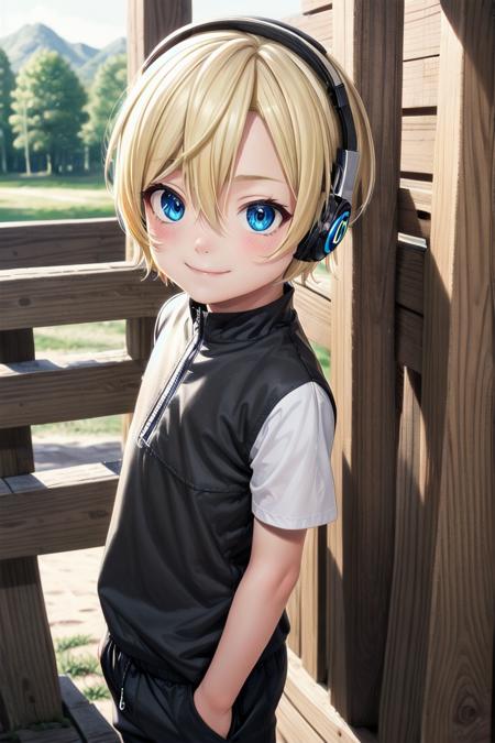 (1boy:1.4), looking at viewer, hair between eyes, highlight in eyes, male focus,
crew cut, (blonde hair), blue eyes, ((masterpiece)), blue headphones,long pants,
multiple details, sky, forest, handsome, medium close up, (t shirt:1,4),
beautiful eyes, delicate features, high light in eyes, smile, triangle chin,
petite, young, juvenile, detailed beautiful little boy, adorable boy, sparkling eyes,
ultra detailed eyes, ultra detailed face,
<lora:aoki_sd_v10:0.5> aoki