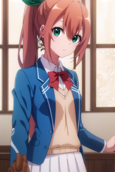 fruitofevolutionlulune, <lora:fruitofevolution lulune s2-lora-nochekaiser:1>,
lulune, long hair, brown hair, ribbon, (green eyes:1.3), hair ribbon, ponytail,
BREAK skirt, bow, school uniform, jacket, blazer,
BREAK indoors, classroom,
BREAK looking at viewer,
BREAK <lyco:GoodHands-beta2:1>, (masterpiece:1.2), best quality, high resolution, unity 8k wallpaper, (illustration:0.8), (beautiful detailed eyes:1.6), extremely detailed face, perfect lighting, extremely detailed CG, (perfect hands, perfect anatomy),