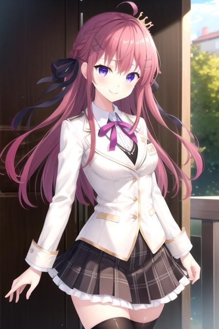 Ousaka Asuha crown,tiara,ahoge,long hair,dark red hair,shiny hair,floating hair,braid,hair intakes,black hair ribbon,hairclip,x hair ornament,sidelocks,hair between eyes,bangs,purple eyes school uniform,(white jacket),suit jacket,wing collar,pink neck ribbon,white shirt,collared shirt,center frills,large breasts,underbust,juliet sleeves,puffy detached sleeves,long sleeves,black skirt,pleated skirt,plaid skirt,frilled skirt,zettai ryouiki,black thighhighs,loafers