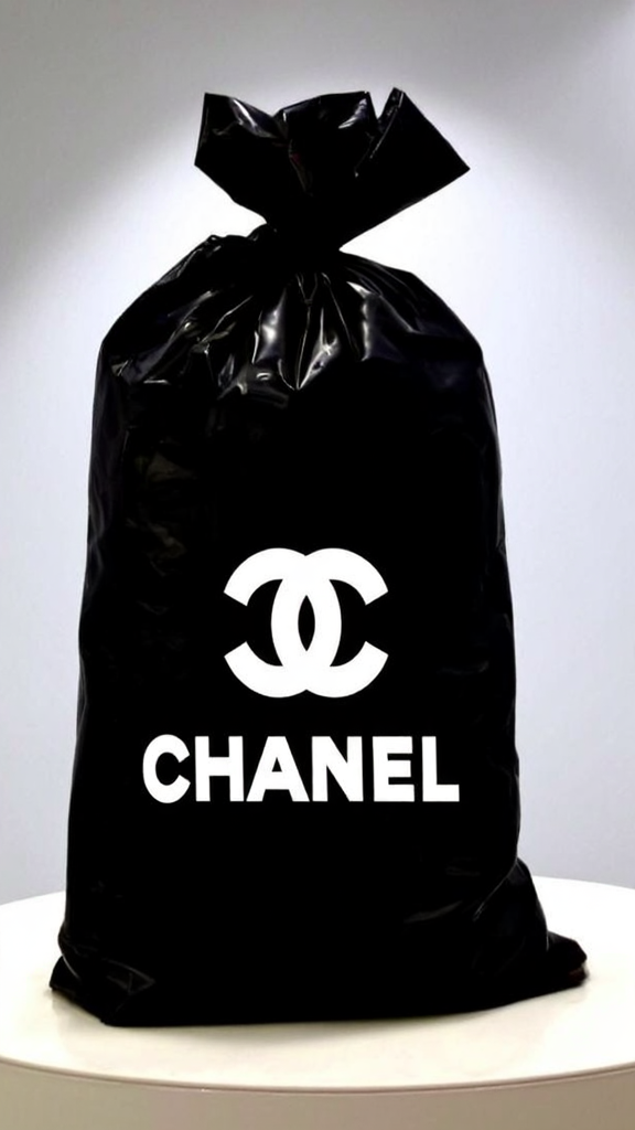 A black garbage bag with the iconic Chanel logo and the word "CHANEL" printed in white on the front. The bag is tied at the top and placed on a white circular surface against a plain background. 