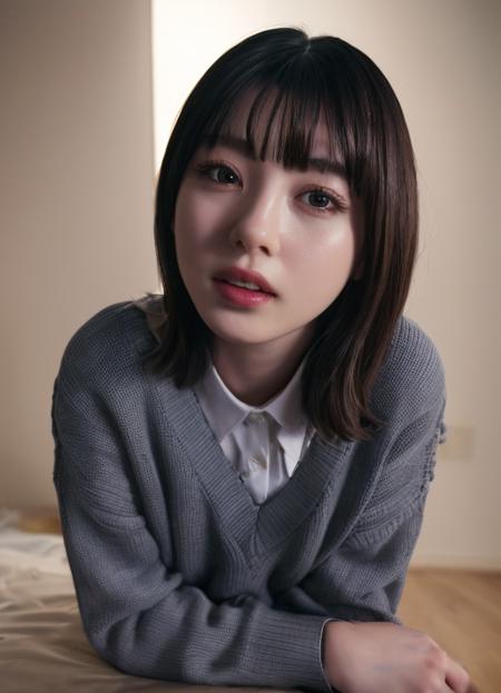 wearing sweater, (yagi, thick lips:1, soft lips), soft light, best lighting, (RAW photo, best quality), (realistic, photo-realistic:1), masterpiece, an extremely delicate and beautiful, extremely detailed, 2k wallpaper, Amazing, finely detail, extremely detailed CG unity 8k wallpaper, ultra-detailed, highres, soft light, beautiful detailed girl, detailed face, extremely detailed eyes and face, beautiful detailed nose, beautiful detailed eyes, slender body, <lora:yagi-06:0.8>, naughty face:0.3, mouth open, lying, lay down, laying down,