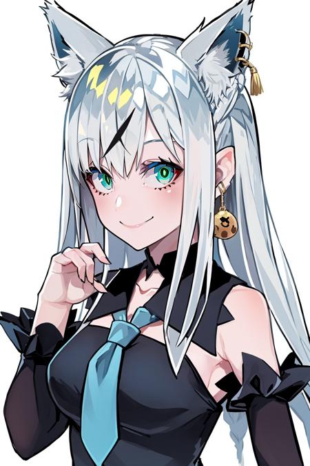 1girl, animal ears, solo, virtual youtuber, shirakami fubuki, fox ears, smile, ahoge, detached sleeves, green eyes, white hair, white background, braid, long hair, looking at viewer, simple background, fox shadow puppet, hair between eyes, upper body, fox girl, bangs, blue neckerchief, animal ear fluff, double fox shadow puppet, neckerchief, collarbone, white sleeves, earrings, jewelry<lora:SilvermoonMix14:1>