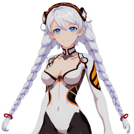 1girl,solo,breasts,kiana kaslana,twin braids,white hair,hairband,gloves,smile,blue_eyes,bare legs,full body,white comet bodysuit,<lora:kiana kaslana white comet v3:0.7>,