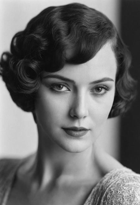 Photograph of a woman from the 1920s, short hair, (finger-weave hairstyle:1.1),posing for a photograph. close-up, black and white, cinematic composition, looking at camera, seductive, soft shadows, grainy