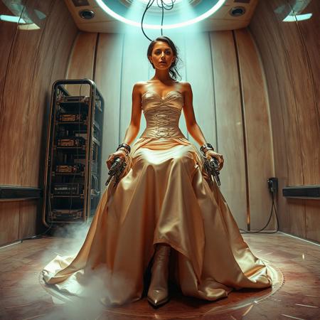 A slender, arrogant  rich norvegian bride, dressed in a luxurious, rich fantasy satin wedding gown with a fitted, boned corset and a full, flared skirt, paired with satin high heels, orgasm face, encased in beam of light from celling. The brainwashing temple electrode,  connected to a  futuristic superconputer rack. Her hands and ankles are bound to a polished steel chair by massive steel restraints, accentuating her ultra-thin waist.  weird fog from the floor. The scene is set in a sterile, empty chamber, with a glossy mother-of-pearl finish, evoking a sense of futuristic dread. Inspired by the cinematic styles of Ridley Scott, Guillermo del Toro, and H.R. Giger, with a blend of sci-fi and horror elements, this full-body portrait is a masterpiece of cinematic storytelling, shot on a virtual v-raptor XL camera, with a warm, film-grained aesthetic, subtle vignette, and rich color grading, reminiscent of 35mm film, with dramatic, atmospheric lighting, inviting the viewer to immerse themselves in this epic, stunning scene.