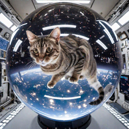 Photo of a cat on top of a reflective sphere floating inside a space station, mirrored imagery
