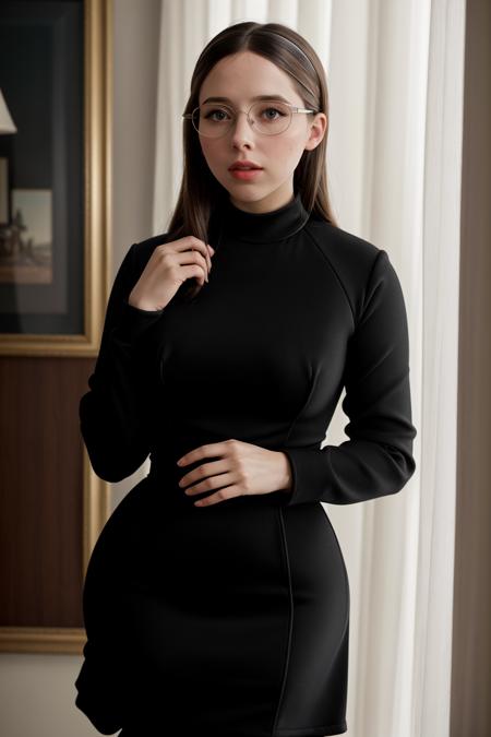 photo realistic, masterpiece, best quality, soft light, solo, EstherP <lora:EstherPovitskyV01:1>,  solo, thick framed black gasses,  <lora:polyhedron_skinny_all:.4>,, professional photo,  , 1960s spy movie, long sleeve gogo dress , depth of field, slim frame