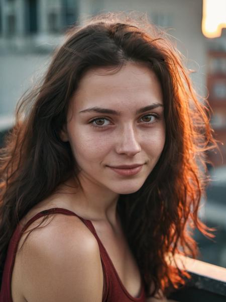 realistic, ultra realistic, detailed, young russian woman, dark red tank top, detailed skin, on a roof terrasse, very long dark hair, analog film, portrait, dark hair, soft smile, wavy hair, (freckles:0.3), sunset, warm colors, backlit, bright sun, portrait, face close up, face focus