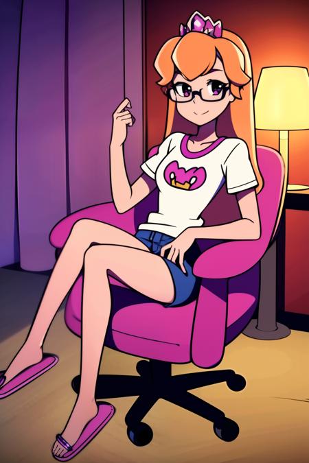 masterpiece, best quality, beautiful, looking at viewer, crisp, clear, cute, perfect body, 1girl, solo, bedroom background, sitting in swivel chair, tee shirt, jeans, smile, slippers, princess amethyst, rich colors, desktop computer, glasses, computer glow, dark room, legs crossed, pillows, game controller