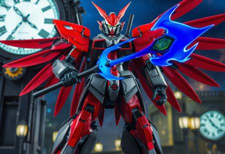 a Garuda the Wind Spirit mecha standing proudly against a Clockwork Night background. The mecha, mostly red and gray, boasts black arms and legs, holding a blue Fire Whip. Its head bears a red visor, and it's prepared for action in a dynamic pose. This 4K image showcases exceptional quality, vivid colors, and impressive details, from intricate facial features to well-crafted clothes. The image captures the mecha's powerful presence, demonstrating expert technique and creative composition.