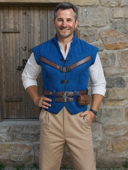 best quality, masterpiece, highres, detailed, realistic, <lora:Detail - add_detail:0.2>,  <lyco:Change - FlynnClothes-09:0.7>, FlynnA, blue vest, utility belt, beige pants, white shirt, 40 year old european man, grinning, cosplay,