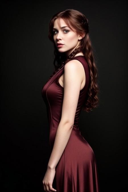((pitch black background)), photorealistic, perfect face, beautiful 35 year old sporty woman with curly red hair as a long braid, very elegant victorian evening gown, lost in dark romantic dreams, cute pouting, emo style, very strong eyeliner, slightly from the side