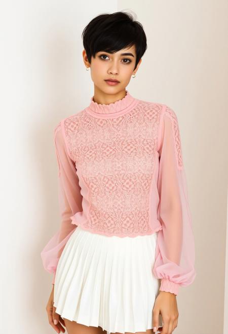 a beautiful 20 years old caucasian androgynous man, pale skin, black hair in pixie cut haircut, thin, body with no visible muscles, natural beautiful face, lace high neck light pink blouse with long sleeves, white pleated mini skirt, looking at viewer