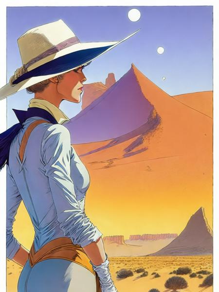 <lora:MoebiusJeanGiraud:1>a comic book page with a woman in a hat and a desert scene in the background by Moebius Jean Giraud