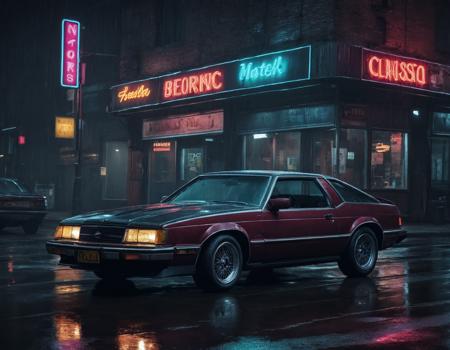 Neon noir <lora:AB ILL Vehicle:1>,Andrew Bell,car,classic, . Cyberpunk, dark, rainy streets, neon signs, high contrast, low light, vibrant, highly detailed