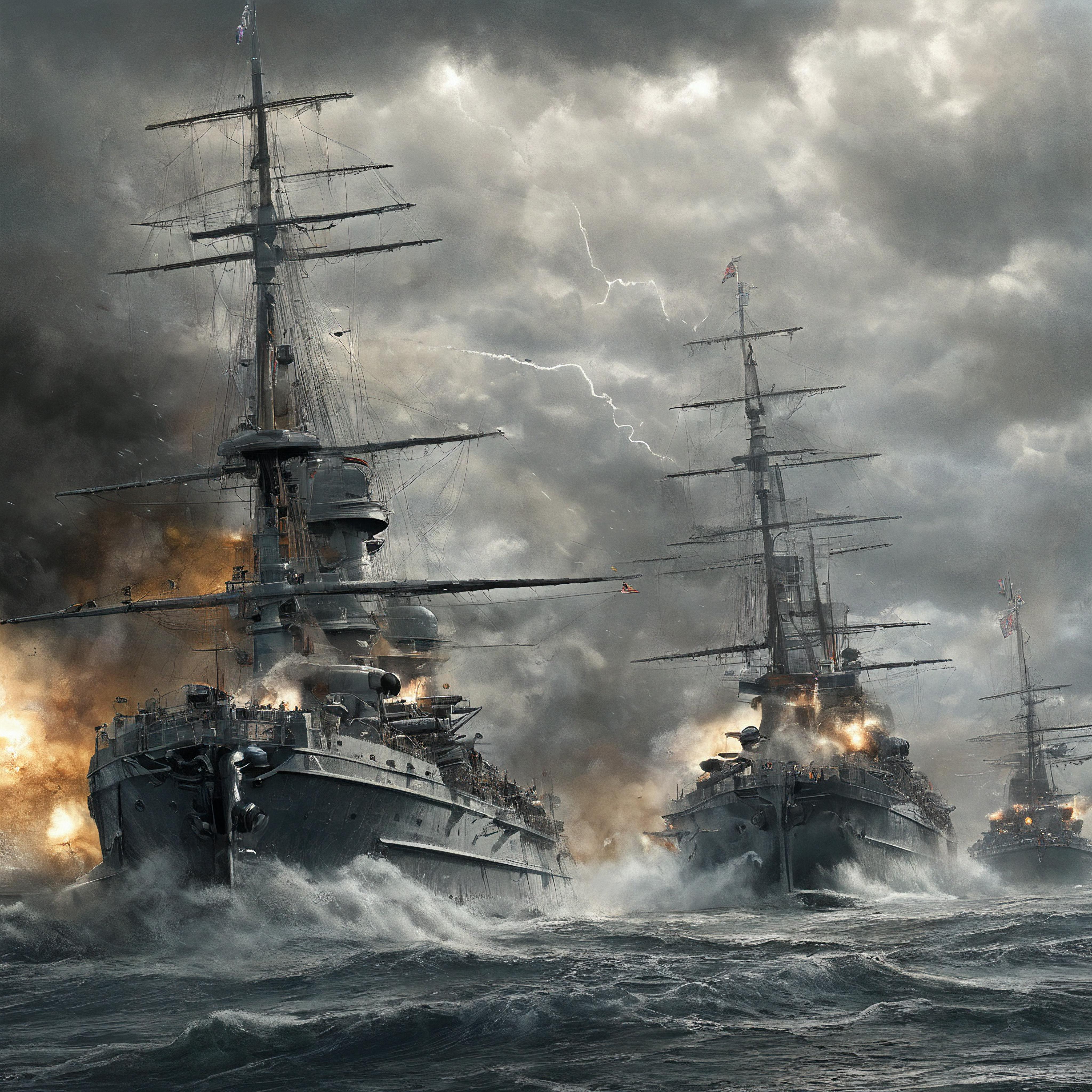 A dramatic naval battle scene featuring four large battleships with smoke, fire, and lightning effects in the background.