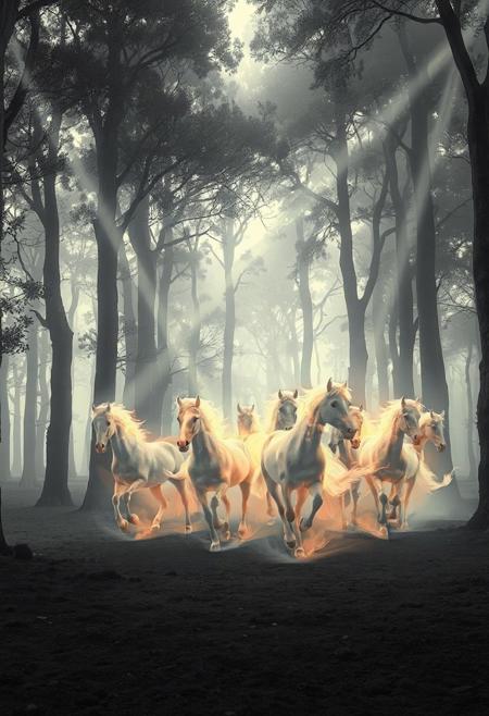 Glowing translucent horses galloping through a dreamlike forest of towering, surreal trees, their bodies trailing wisps of smoke and energy. Light beams slash through the foggy canopy, casting dramatic shadows and spotlighting the motion of the herd. The landscape is sparse, monochromatic with faint pastel highlights, vivid style