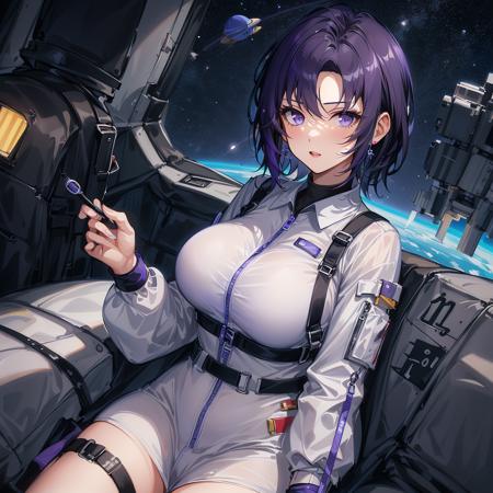 ((unparalleled masterpiece, best quality, perfect artwork)), 1girl, very messy hair, purple | dark hair, short hair, solo, (space), ((spacecraft)), (spacesuit), purple eyes,  (looking at viewer,) indoors, flushed, cute, 19 years old, shy, bright lighting, big breasts,