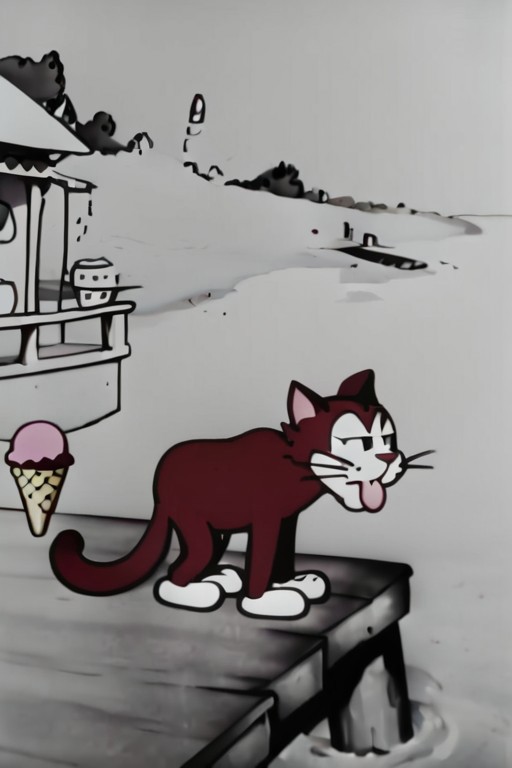 1920s animation, cat, upper body, middle shot, 
,  unadvised,
Maroon, 
 highres, detailed,
Boardwalk and seaside and ice c...