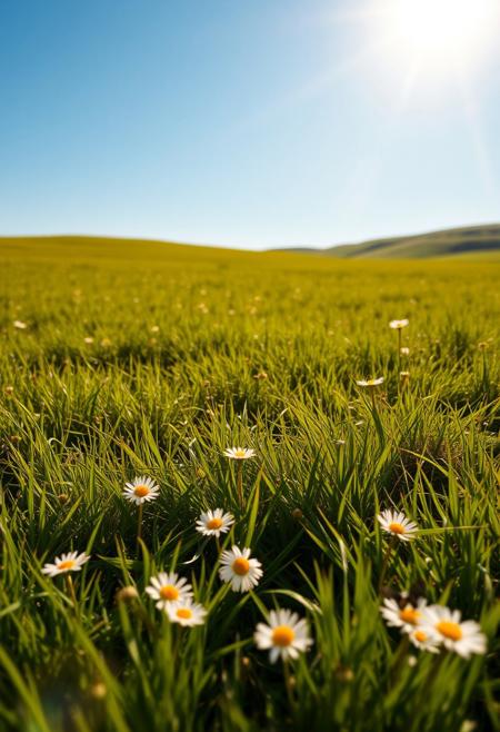 A peaceful grassy field under bright blue skies, golden sunlight streaming down, scattered daisies and butterflies creating a playful vibe, a gentle breeze rustling through the grass, serene and calming ambiance, inviting nature scene with rolling hills in the background, balanced composition, 8k,