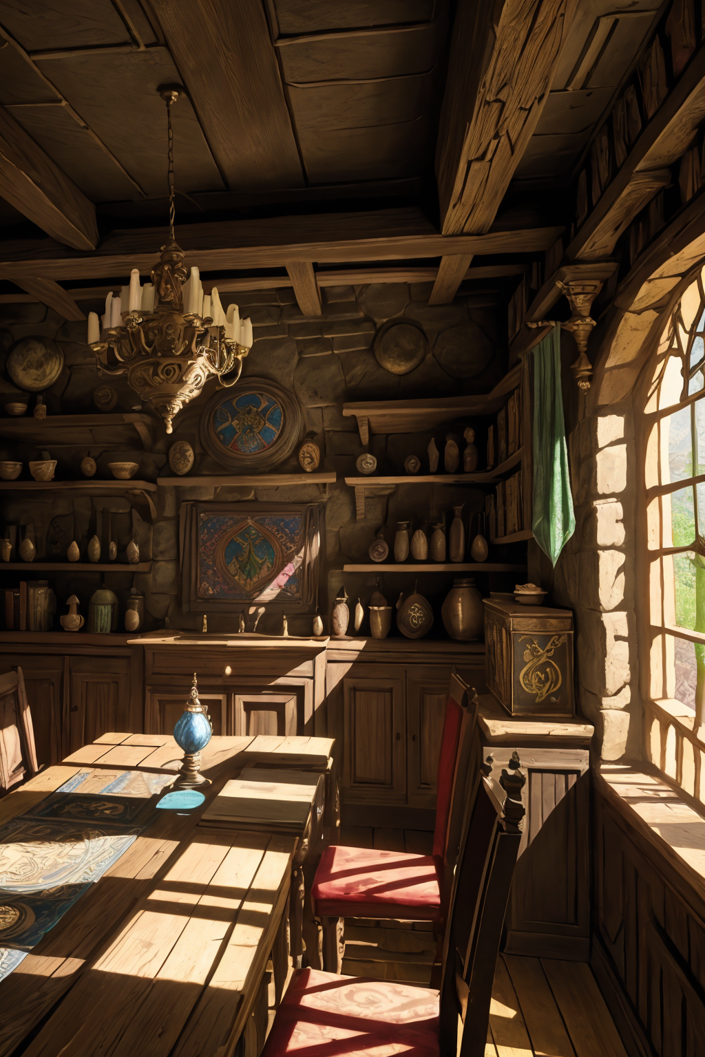 zrpgstyle, medieval fantasy tavern interior, colorful tapestries on the walls Game of Thrones Hogwarts bright morning sunl...