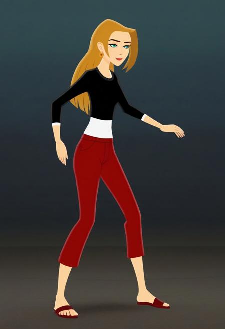 ChaotiKween, apricot skin, mid back-length hair, golden blonde hair, teal eyes, black elbow-length midriff, white long-sleeved shirt, red capris jeans, dark red sandals