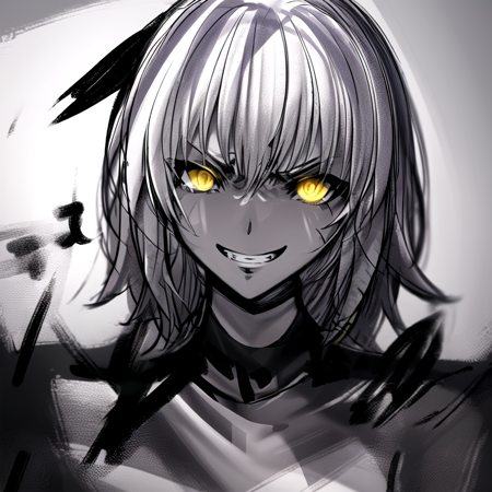 <lora:dark_knight:1.2>, dark, 1girl, face, looking at viewer, chaotic, greyscale, fercious, calligraphy brush, yellow eyes, knight, jeanne d'arc alter \(fate\), tilt head, insidious smile, ribbon, evil grin, glowing eye, (face)