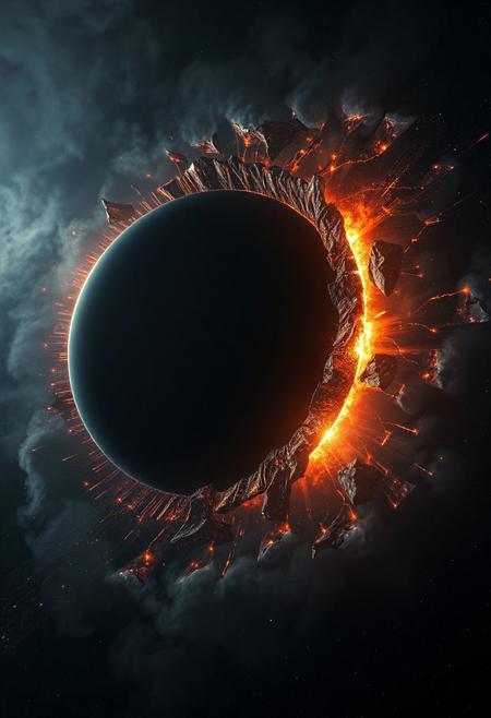 Vertical 9:16 sci-fi epic in 4K.  
Ein gigantisches Schwarzes Loch zieht im Zentrum des Bildes alles in seinen Abgrund: Der wirbelnde Akkretionsring leuchtet in flammendem Orange, Violett und Gold, während Staub und Plasma in endlosen Strudeln um den Ereignishorizont tanzen. Vor ihm wird die Erde in Stücke gerissen – mächtige Erdfragmente mit zerklüfteten Gebirgen, Ozeanflächen und leuchtenden Städten krachen durch die Schwerkraft und stürzen dem schwarzen Kern entgegen. Jeder Bruchteil driftet langsam auseinander, vom Sog erfasst, während glei﷿ende Teilchenstrahlen und gravitativ verzerrte Sternenlichter die Szene in ein traumhaftes, doch apokalyptisches Licht tauchen. Randbeleuchtung und feiner kosmischer Nebel verleihen Tiefe und Cinematic-Mood, während der Betrachter den stillen Untergang eines Planeten erlebt.