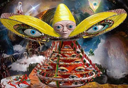 p1c4ss0, seraphins, mystical creature with hundreds of eyes and wings, roswell alien with yellow christmas hat, delivering presents with santa riding a ufo sleigh, intricate complexity, surreal horror, inverted neon yellow drip paint, 1908 Woman with a Fan