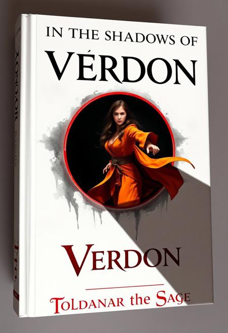 Create a book cover called ("In the Shadows of Verdon"), the letters of the title are cast as a dark shadow on the page coming from afar, the cover is white, in the middle of the book there is a beautiful Summoner brunette woman in fantasy wizard orange clothing being pulled into a black portal with a red edge, there is extreme foreshortening as she extends her arm towards the viewer while her body is pulled inside the black portal with the red outline.  The book cover has vivid colors with a color silver and white and red color pallette very well rendered and extremely detailed, at the bottom are the name of the author ("Toldanar the Sage") written in english with a fancy French font surrounded by magical runes