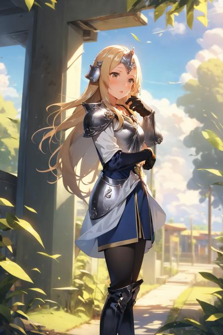 masterpiece, best quality, mathilda, helmet, armor, blue dress, pantyhose, black gloves, thigh boots, standing, wide shot, sky, clouds, looking to the side, wind, trees, hair blowing in the wind <lora:mathilda-nvwls-v1-000009:0.9>