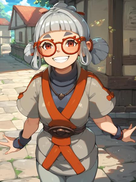 score_9, score_8_up, score_7_up, josha standing outdoors wearing gray tunic with puffy short sleeves, belt, gray pants, red eyes, red-framed eyewear, high collar,  silver hair, smile, source_cartoon, <lora:josha_sdxl_pdv6:1>   <lora:plasticnovel-sdxl-pd6:1>