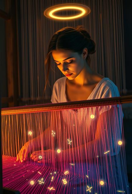 Create a surreal, dreamlike scene of a woman sitting at a loom, weaving a tapestry of memories. The loom is surrounded by a halo of soft, pulsing light, and the threads of the tapestry are made up of glowing, iridescent fibers that seem to shift and change color as they are woven. The woman's face is serene and intent, her eyes closed as she focuses on the weaving. Her hands are manipulating the threads, which are connected to distant events and people, shaping the course of history. Incorporate subtle, glowing symbols or patterns to the threads or the loom to enhance the sense of mysticism and wonder. Use vibrant, glowing colors and subtle, pulsing effects to bring the threads to life. The atmosphere should be dreamy and ethereal, with a sense of depth and mystery. Style: surreal, dreamlike, mystical. Colors: vibrant, glowing, iridescent. Highest-Quality, 4k