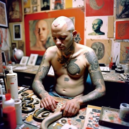 A documentary mid-closeup mixed media photograph, collage, printmaking , silkscreen, paint, The chaotic mind of an artist,  extremely handsome, shaved clean bald headed man, with snake tattoos, in his messy studio. 
Works in progress behind him , Leica M3, 50mm lens, film grain, Kodachrome cross processing over bleached, 
Marianna Rothen Style page,Robert Rauschenberg Style, cursed image, low quality, badquality