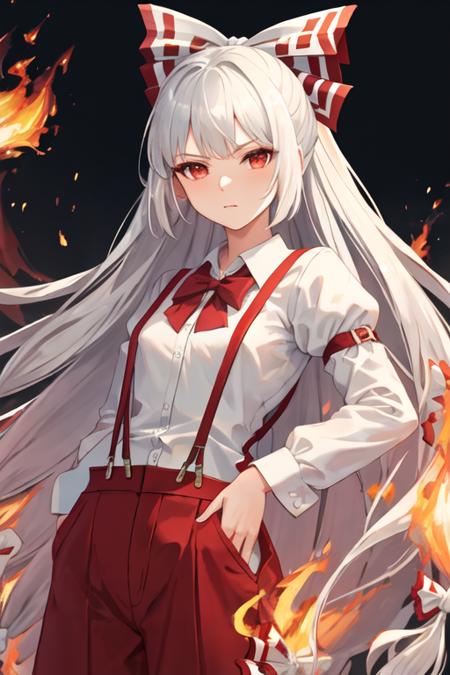 best quality, masterpiece, highres, solo, {fujiwara_no_mokou_touhou:1.15}, long_hair, bow, hair_bow, red_eyes, white_hair, suspenders, very_long_hair, bangs, white_bow, fire, hair_ribbon, 1girl, ribbon, shirt, pants, looking_at_viewer, long_sleeves